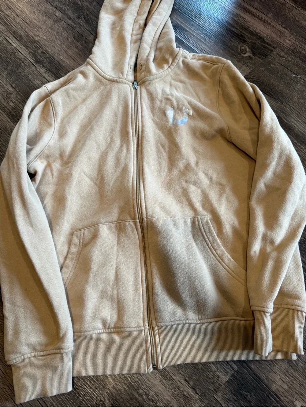 True Religion Beige Full Zip Up Hoodie Sweatshirt Men's M Graphic